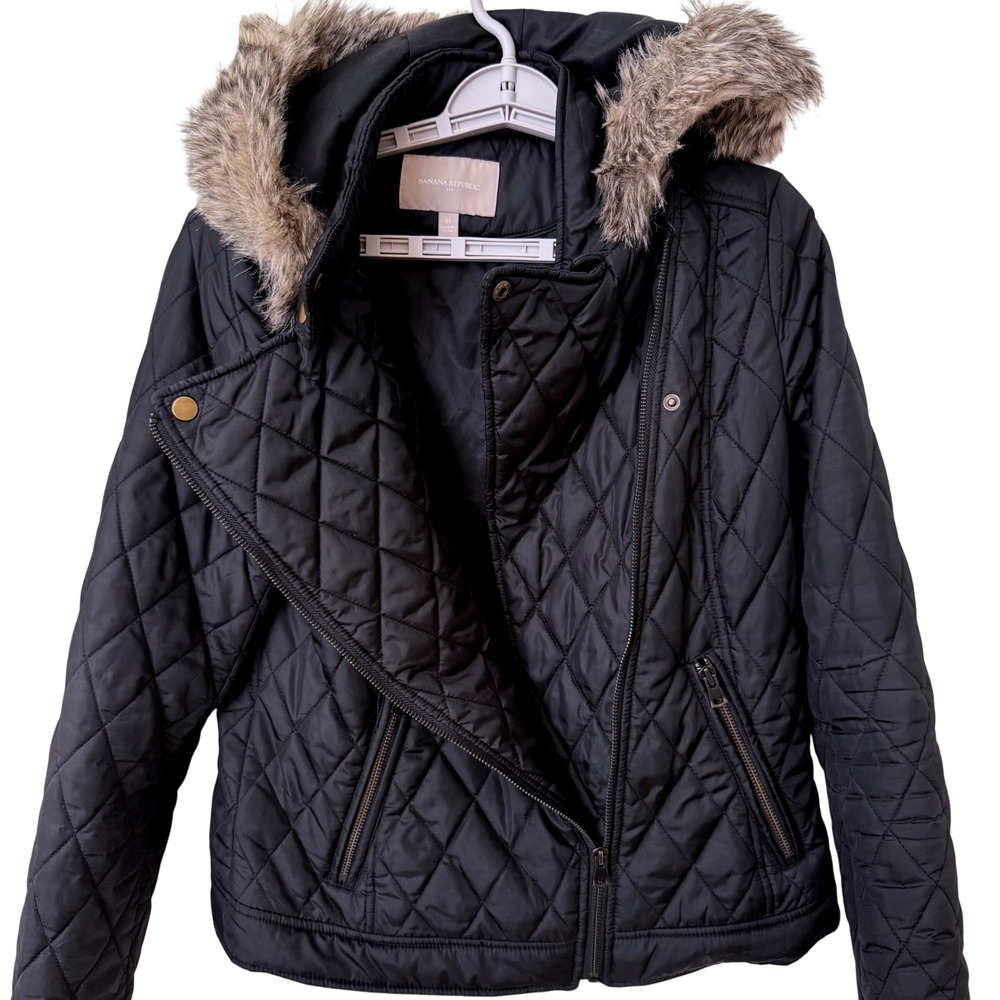 Banana Republic Black Quilted Asymmetrical Zip Faux Fur Hood Puffer Jacket M